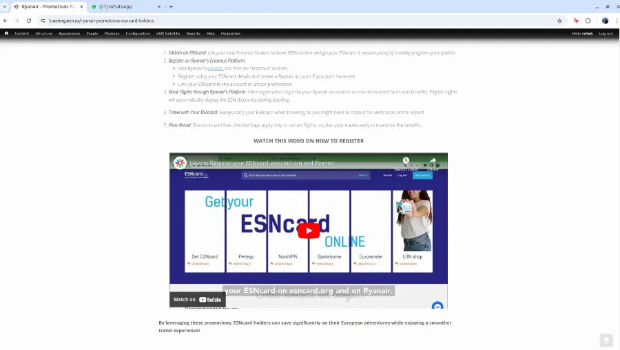 An article on the ESN training website, showing a post about the benefits of the ESNcard and how students with the membership card can obtain reduced prices for RyanAir flights.